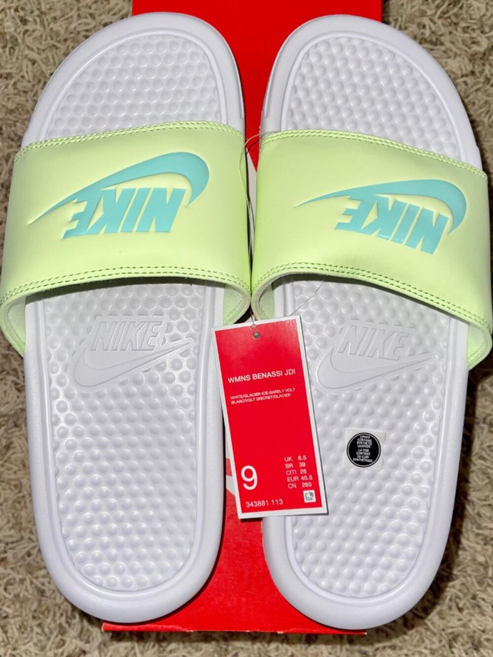 Nike Women's Benassi Just Do It Slide Sandals Shoes White Volt, Size 9 (New)
